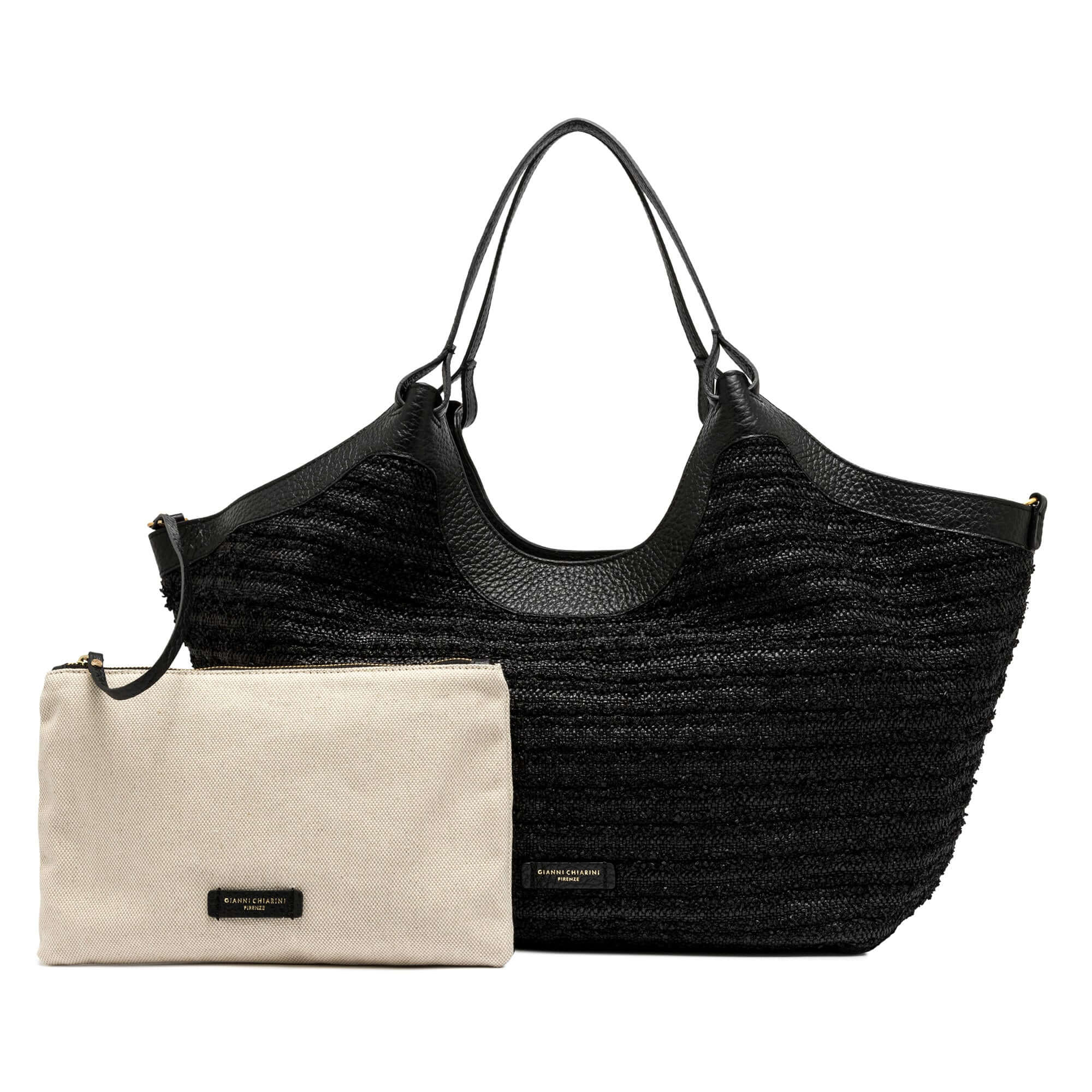 DUA straw bag with textured leather trim and matching zip pouch, stylish and versatile for any outfit.