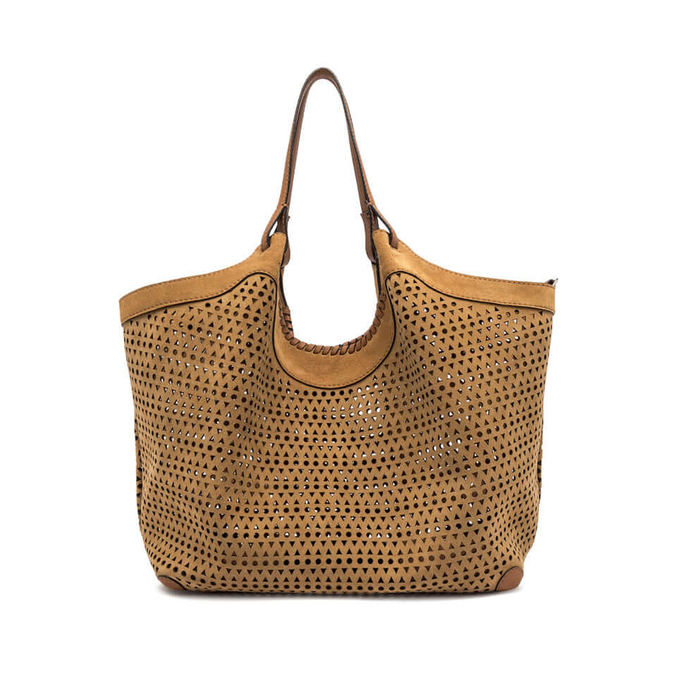 DUA brown suede handbag with perforated design and side clip for adjustable width, 34x38x16 cm.