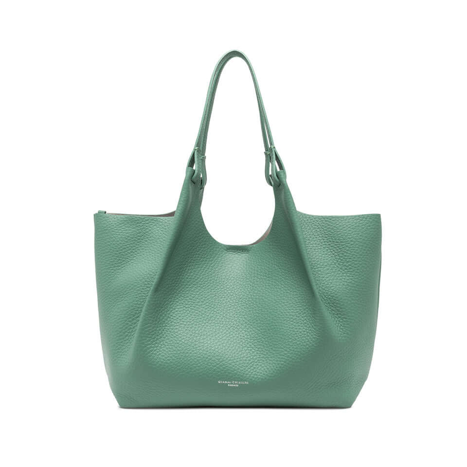 DUA green leather tote bag with double-grain texture and magnet closure, dimensions 34x38x16 cm.