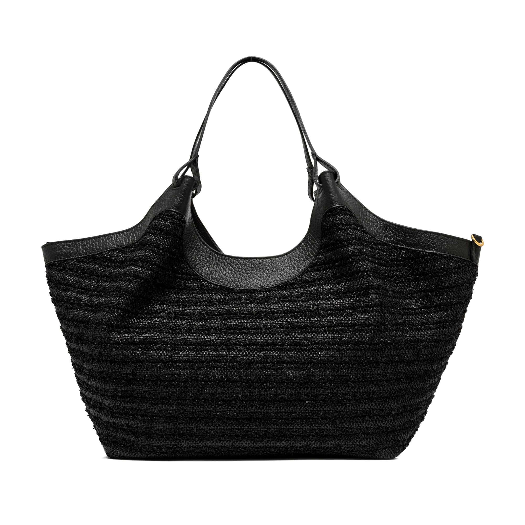 DUA black straw handbag with leather details, perfect for any look, featuring double handles and spacious design.