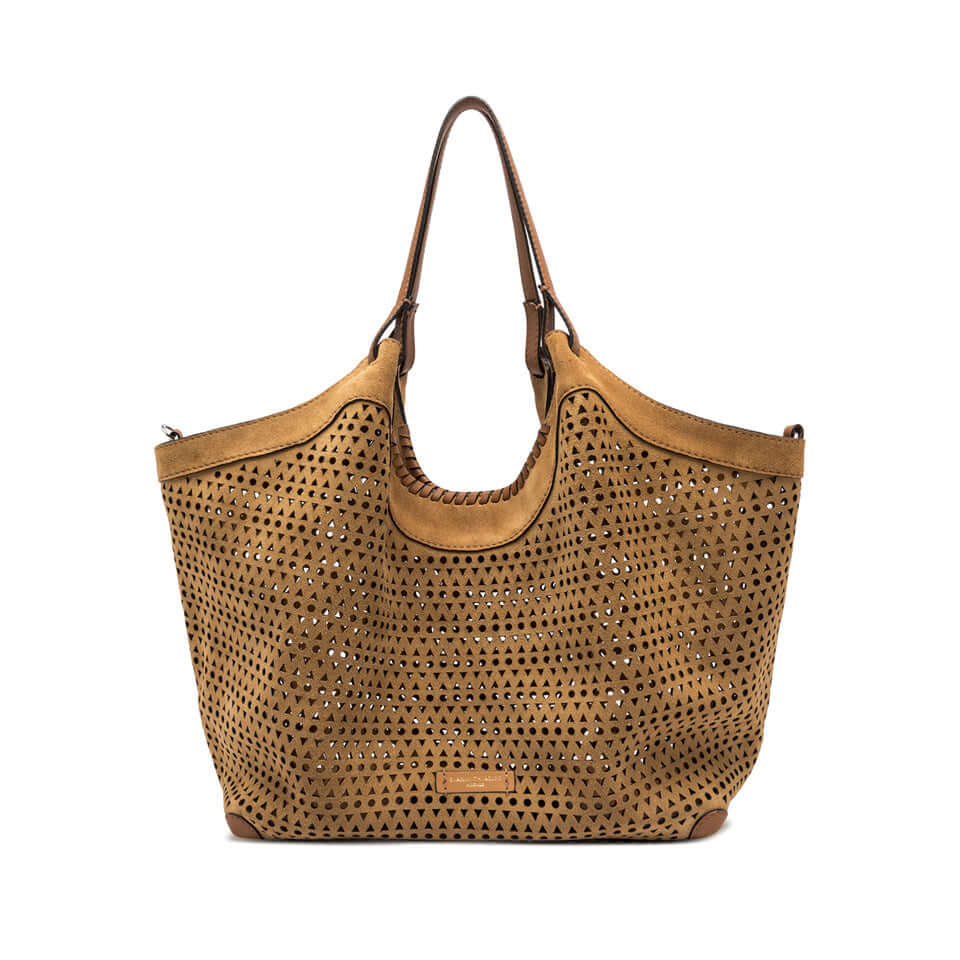 Dua brand handbag in tan suede with perforated design, featuring zip pouch and adjustable sides, dimensions 34x38x16 cm.