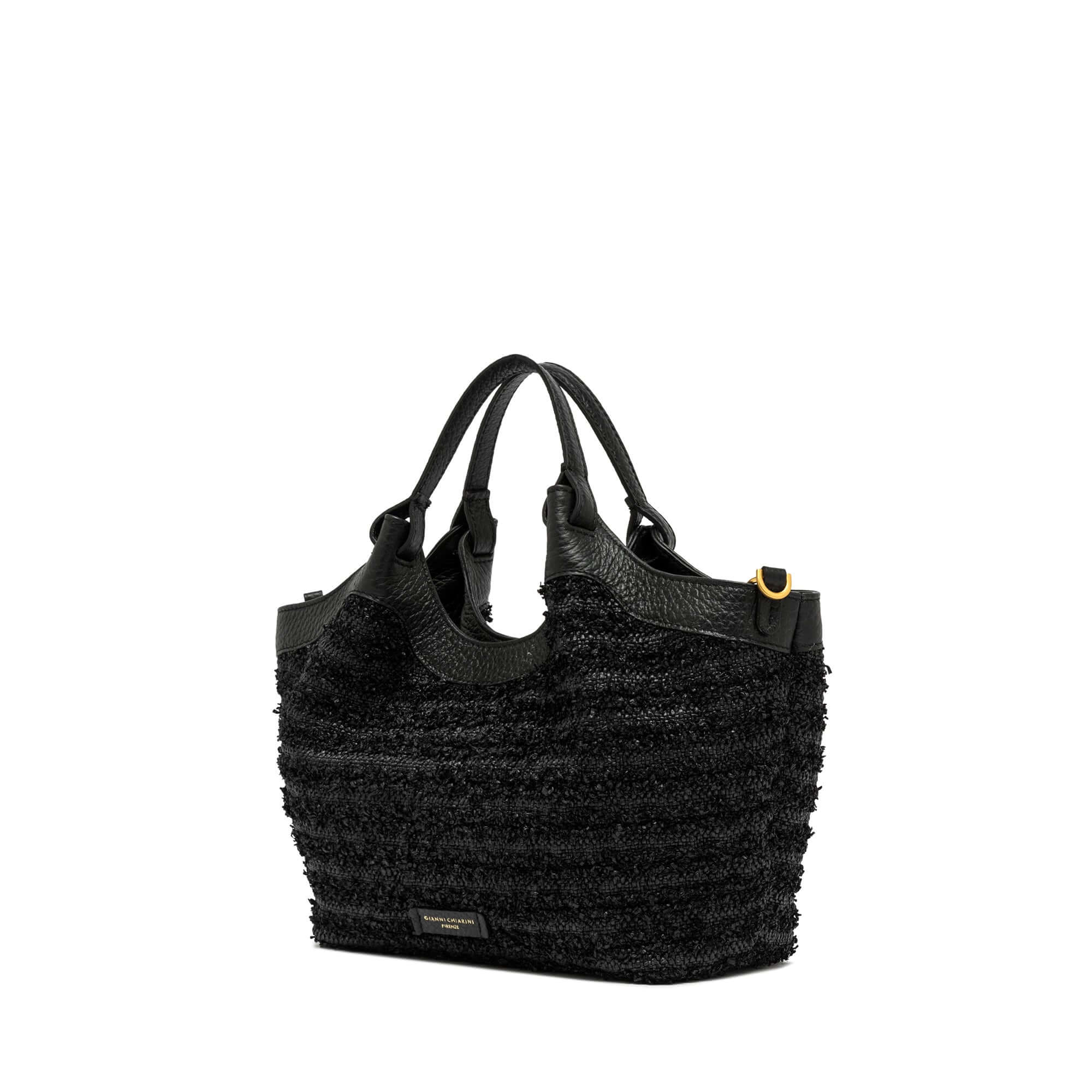 DUA versatile straw handbag with leather handles in black, featuring double portability and chic design.