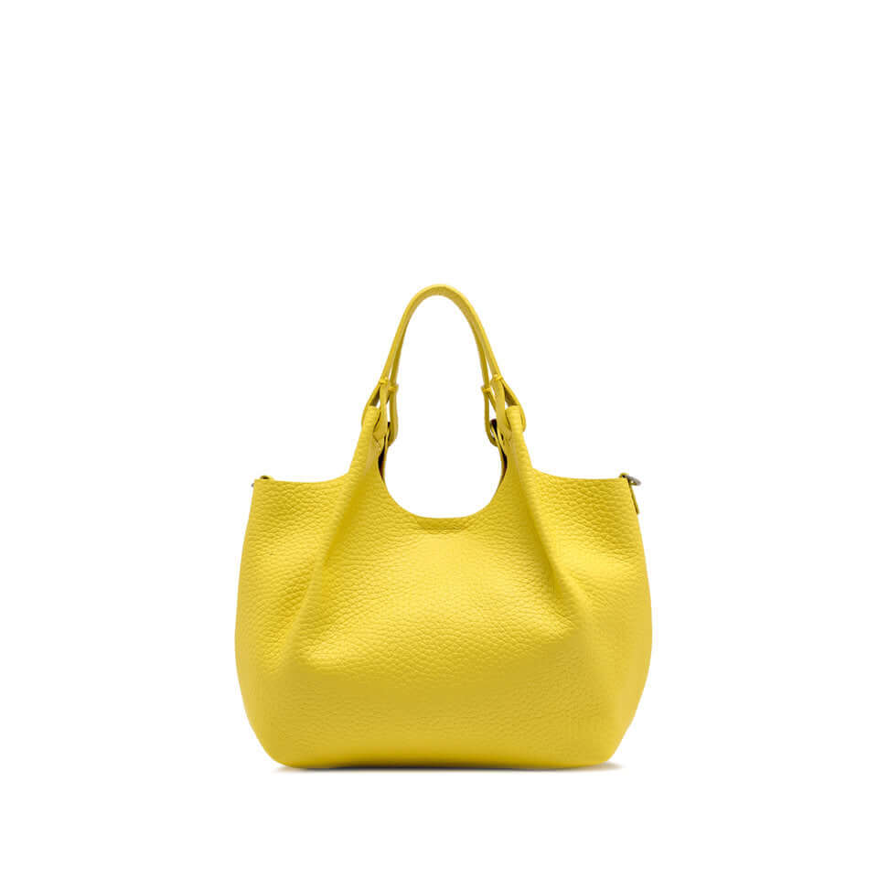 Yellow leather handbag with double handles and unlined interior, ideal for enhancing any outfit.