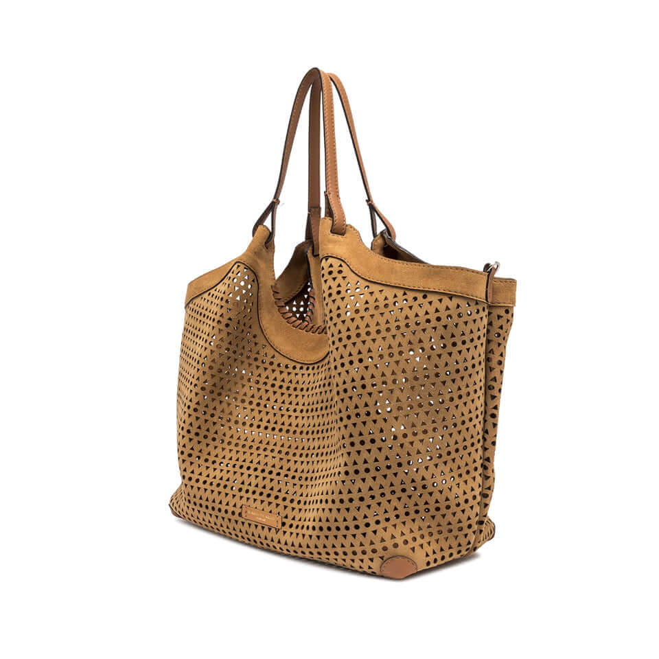 Dua brand tote bag in beige suede with perforated design and zip pouch, dimensions 34x38x16 cm.