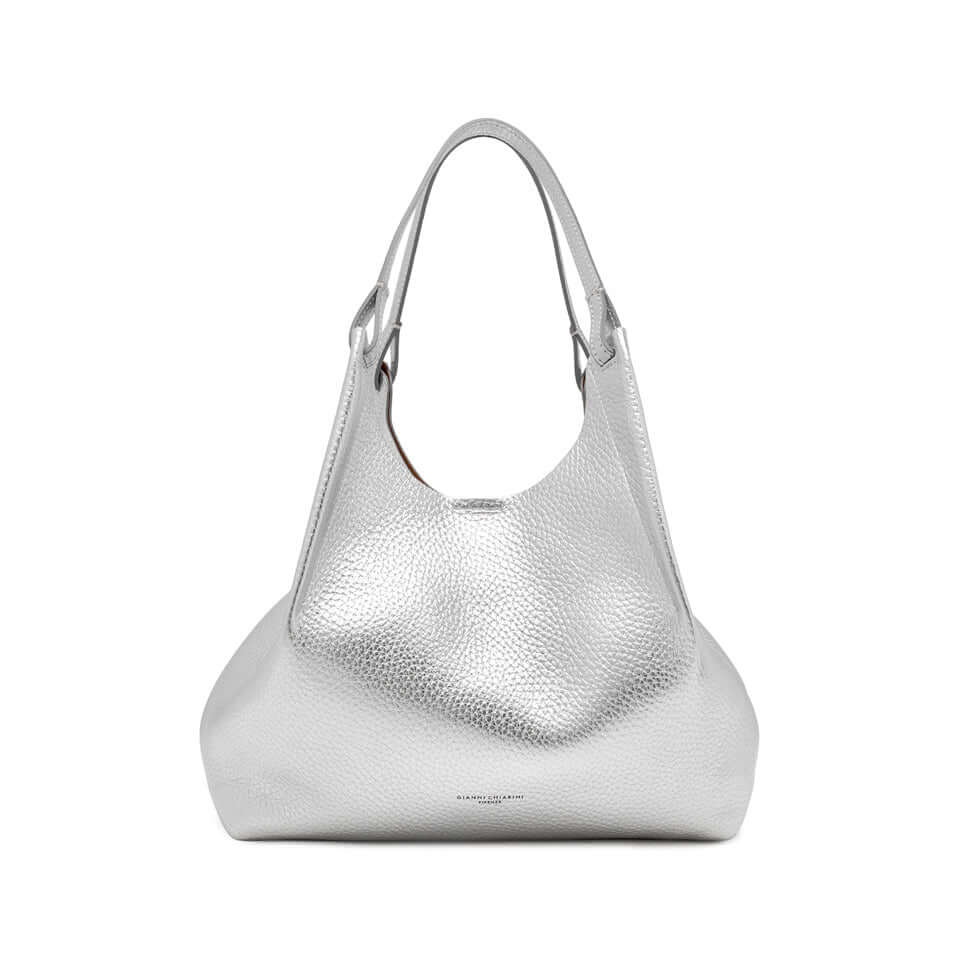 DUA silver leather handbag with soft texture and dual leather handles, measuring 34x38x16 cm.