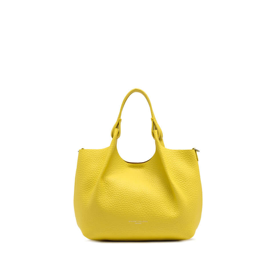 Yellow DUA handbag in maxi grain leather with double handles, perfect for any outfit.