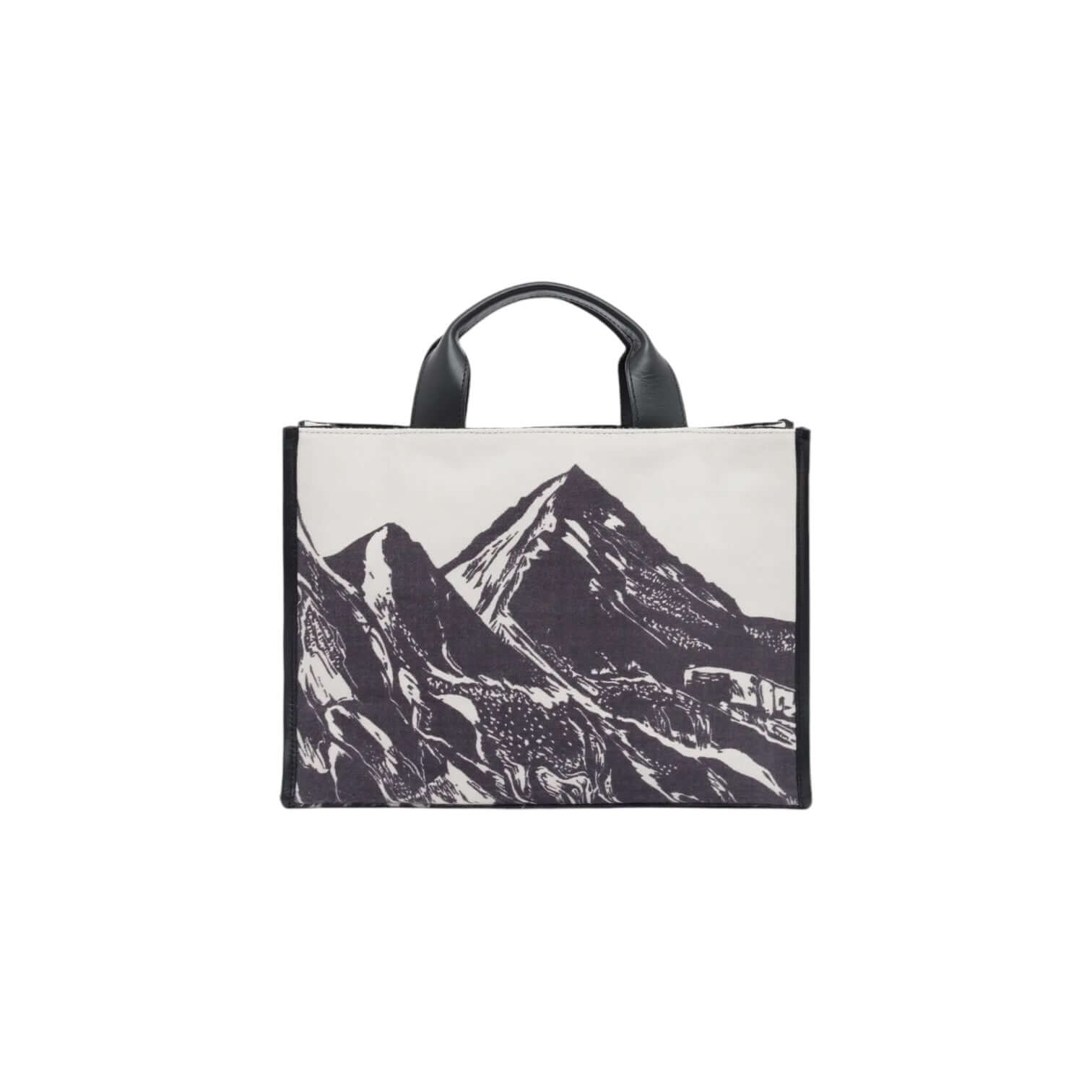 Borsa a tracolla Nomade Montagne Grigia con manici in pelle e design di montagne in bianco e nero.