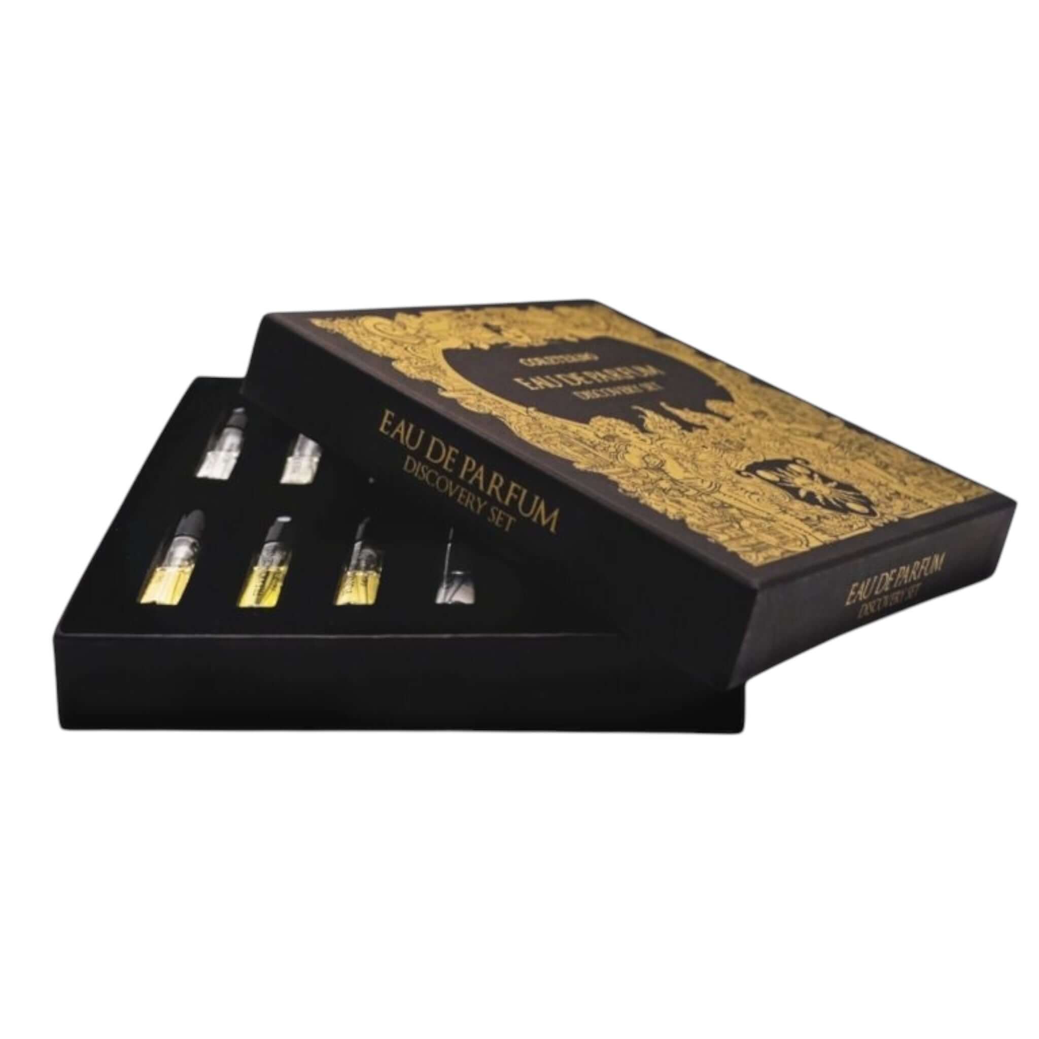 Eau Parfum Discovery Set in elegant black and gold packaging, showcasing five fragrance vials.