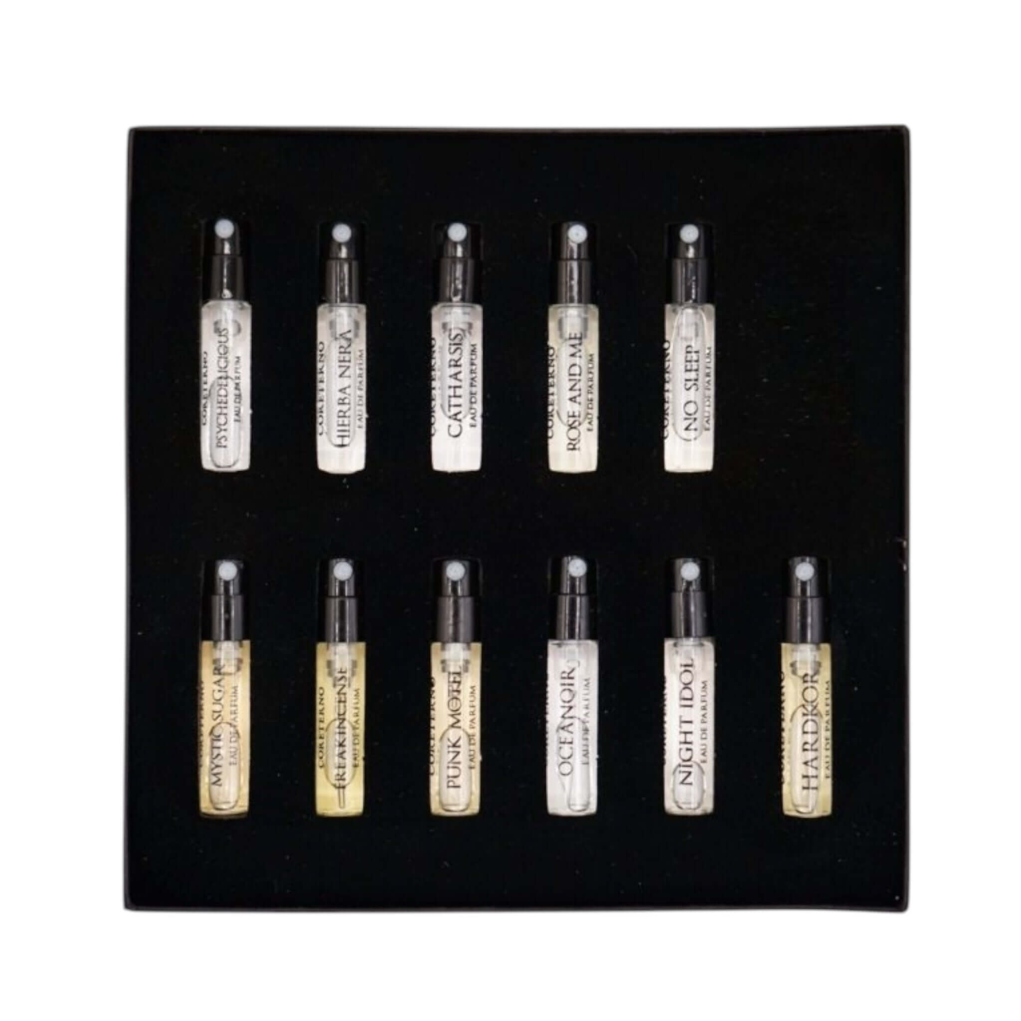 Eau Parfum Discovery Set with 12 miniature fragrance vials showcasing diverse scents inspired by Rock n' Roll and Punk.