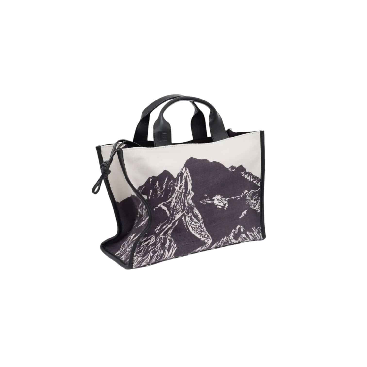 Borsa a tracolla Nomade Montagne Grigia con manici in pelle italiana e design paesaggistico.