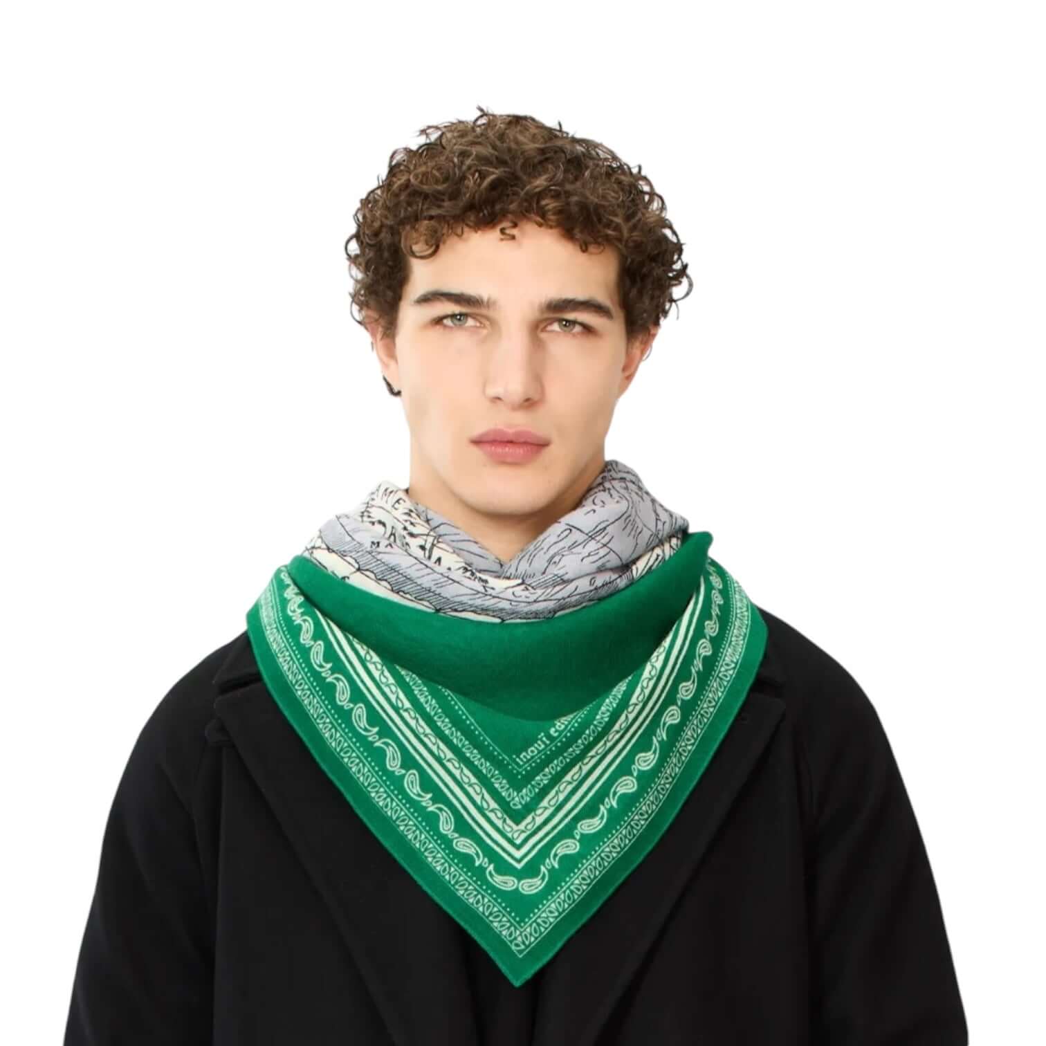 Model wearing a green and patterned square foulard, showcasing its versatile style for any wardrobe.