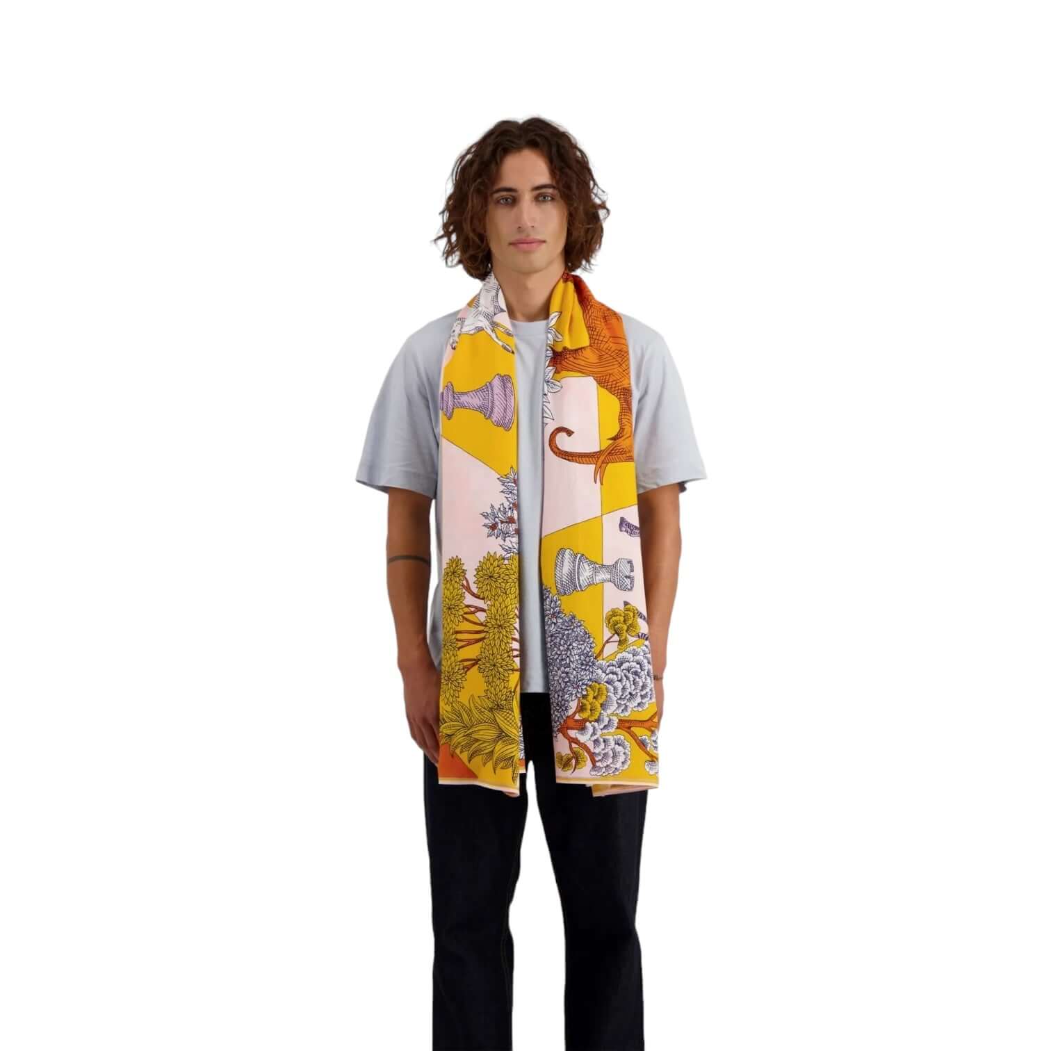 Model wearing Magnus Summer scarf, featuring unique designs in soft cotton and silk blend.