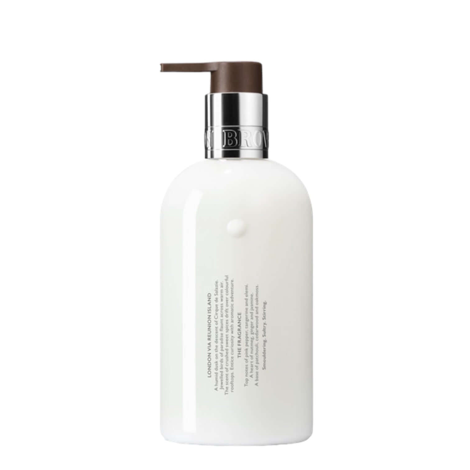Fiery Pink Pepper moisturizing body cream in sleek white bottle with pump, enriched with marine and Australian ingredients.