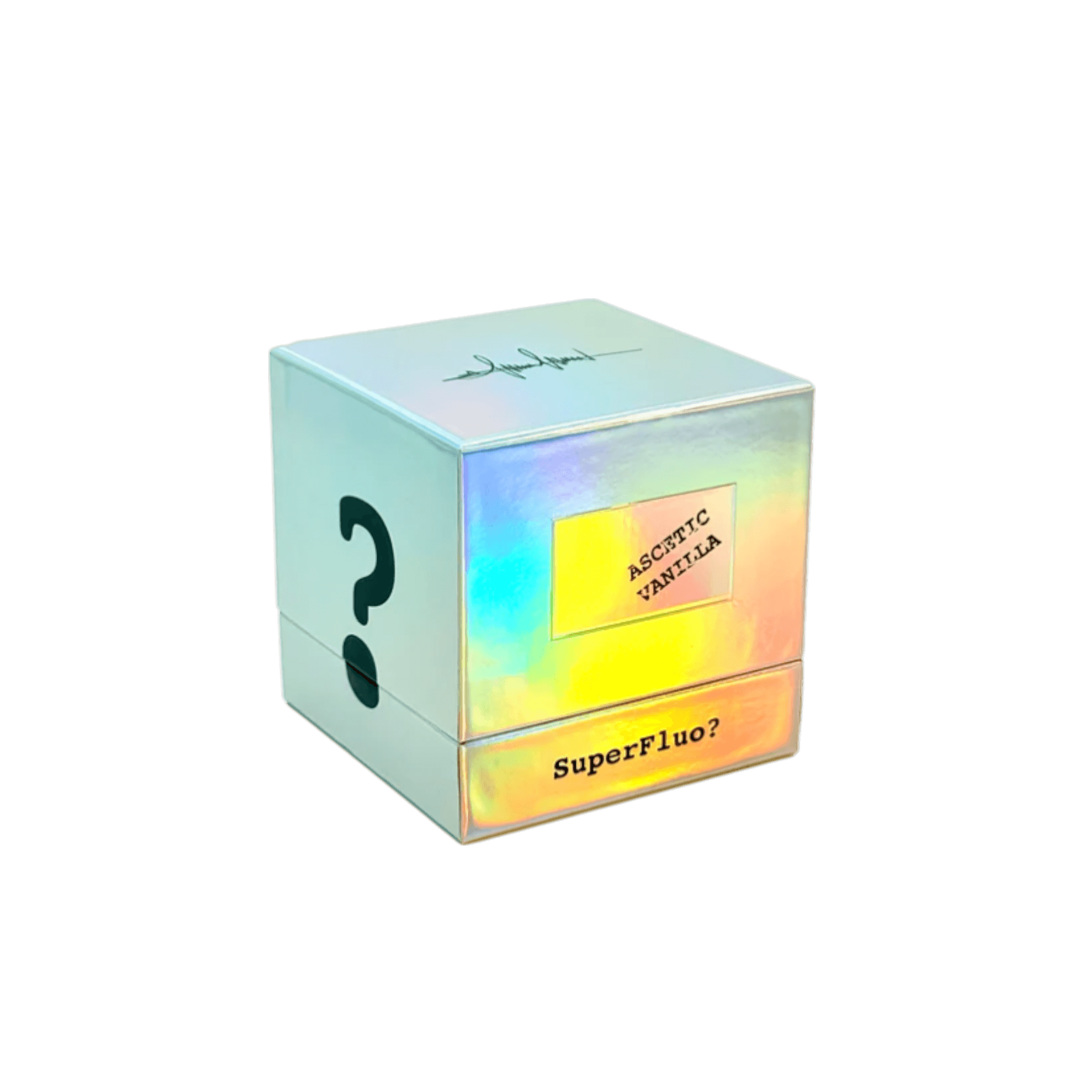 Packaging of ASCETIC VANILLA by Filippo Sorcinelli, featuring iridescent design and intriguing question mark.