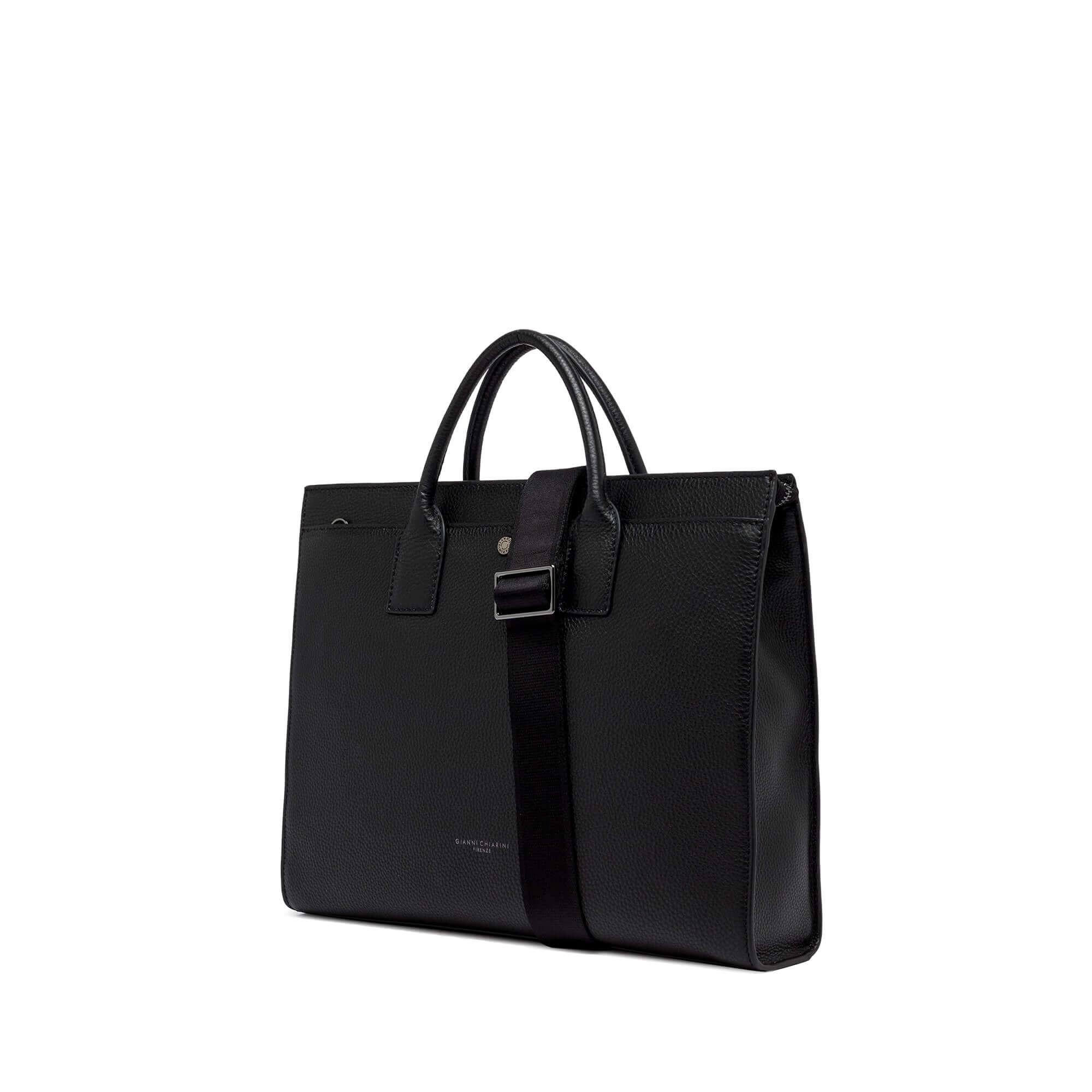 FLORENCE black leather briefcase with zip closure and adjustable strap, stylish and practical for modern men.