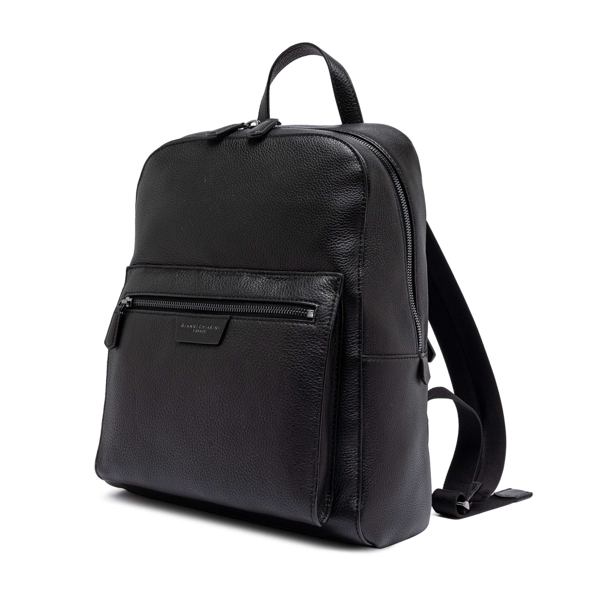 FLORENCE black leather backpack by Gianni Chiarini Firenze, featuring zipper compartment and front pocket.