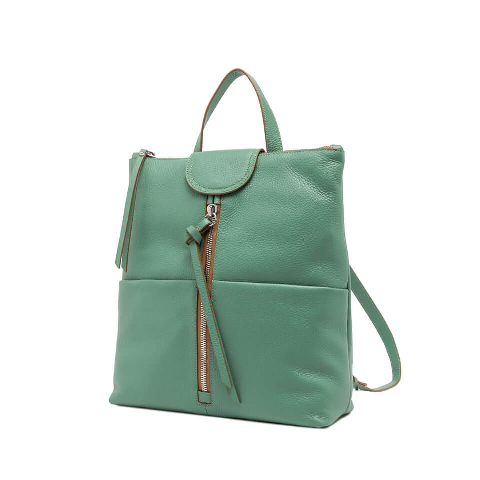 Giada backpack by Gianni Chiarini Firenze in green hammered leather with zip closure and side pockets.