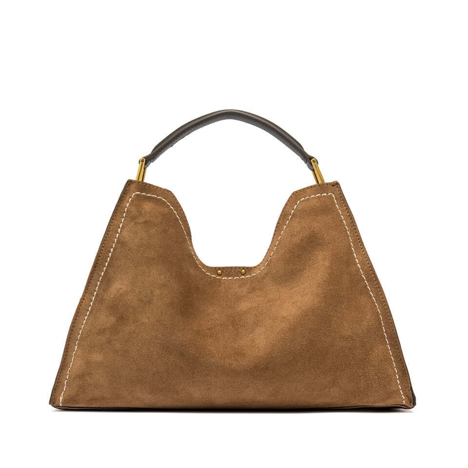 AURORA by Gianni Chiarini, trapezoidal brown suede handbag with contrasting stitching and removable shoulder strap.