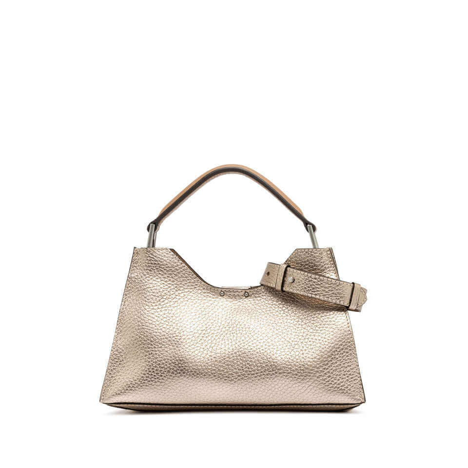AURORA handbag by Gianni Chiarini, trapezoidal shape, hammered leather, adjustable strap, elegant design.