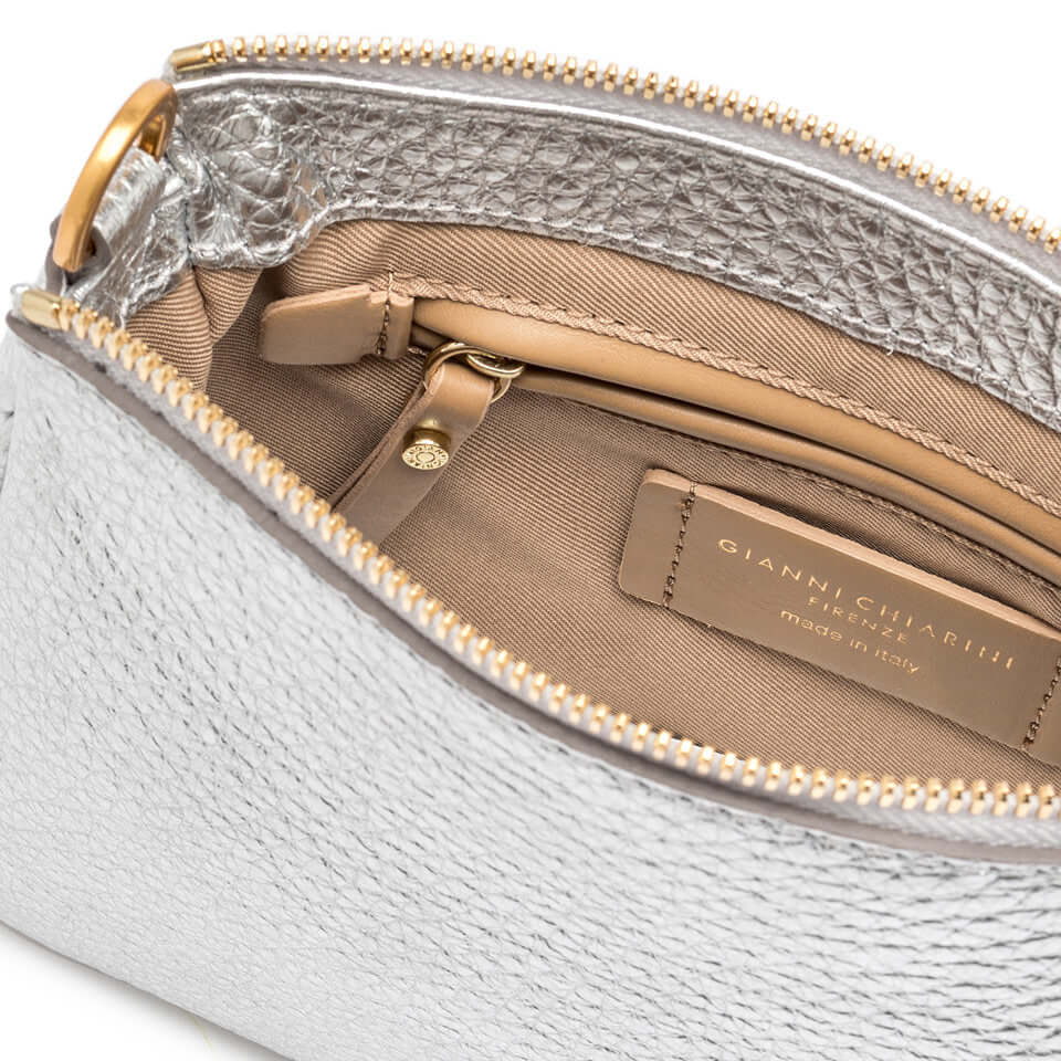 Interior view of the silver Brooke bag by Gianni Chiarini, featuring zip pocket and textured lining, made in Italy.