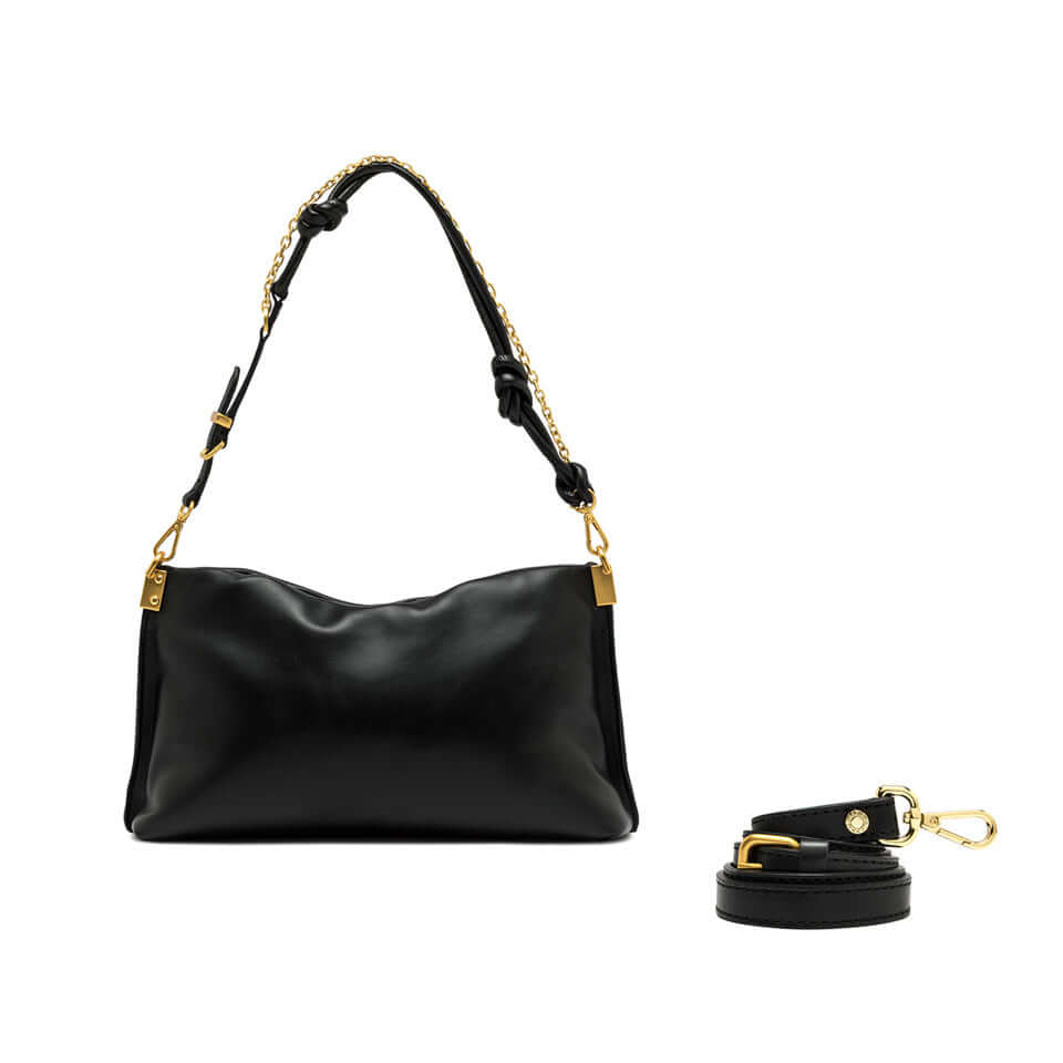 FANNY by Gianni Chiarini, black leather handbag with golden chain and detachable strap, stylish and versatile for evening wear.