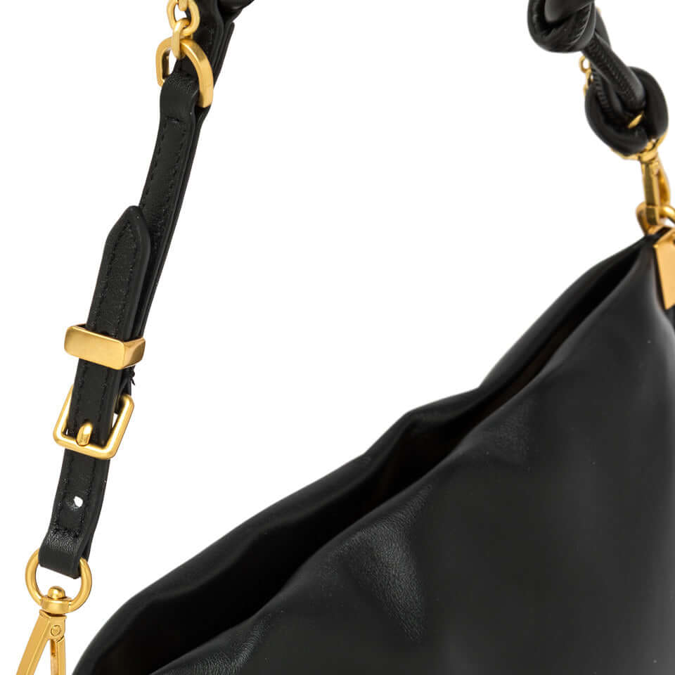 FANNY by Gianni Chiarini, elegant black leather bag with gold chain detail and adjustable shoulder strap.