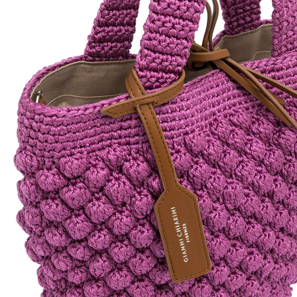 BELLA by Gianni Chiarini Firenze, handcrafted bubble effect bag in pink with leather details and crochet handles.