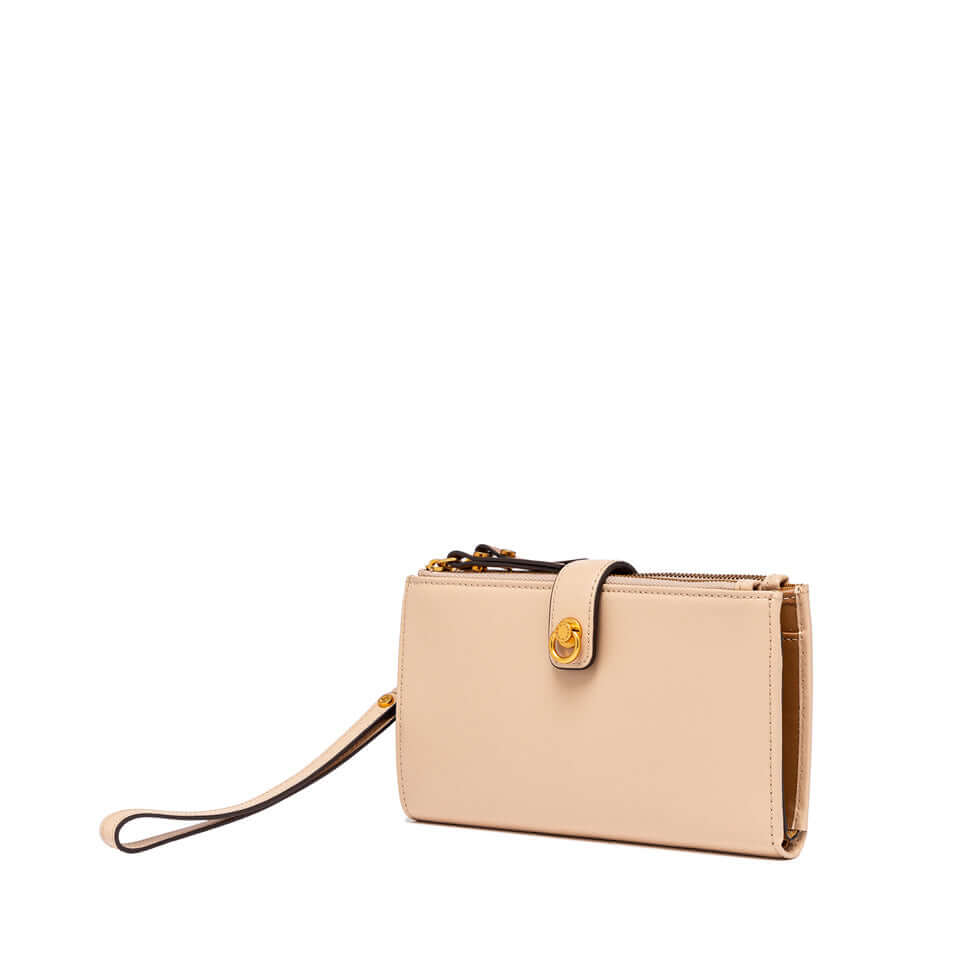 Elegant beige calf leather wallet with zip closure and detachable wrist strap.