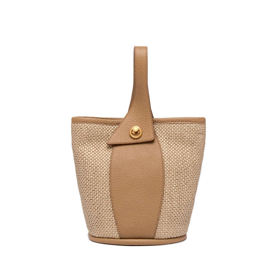 Gianni Chiarini Firenze Ester handbag with a bucket shape in woven straw and leather, featuring decorative golden detail.
