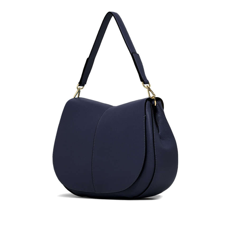 Helena Round bag by Gianni Chiarini Firenze, structured design in navy leather with shoulder strap, double compartment.