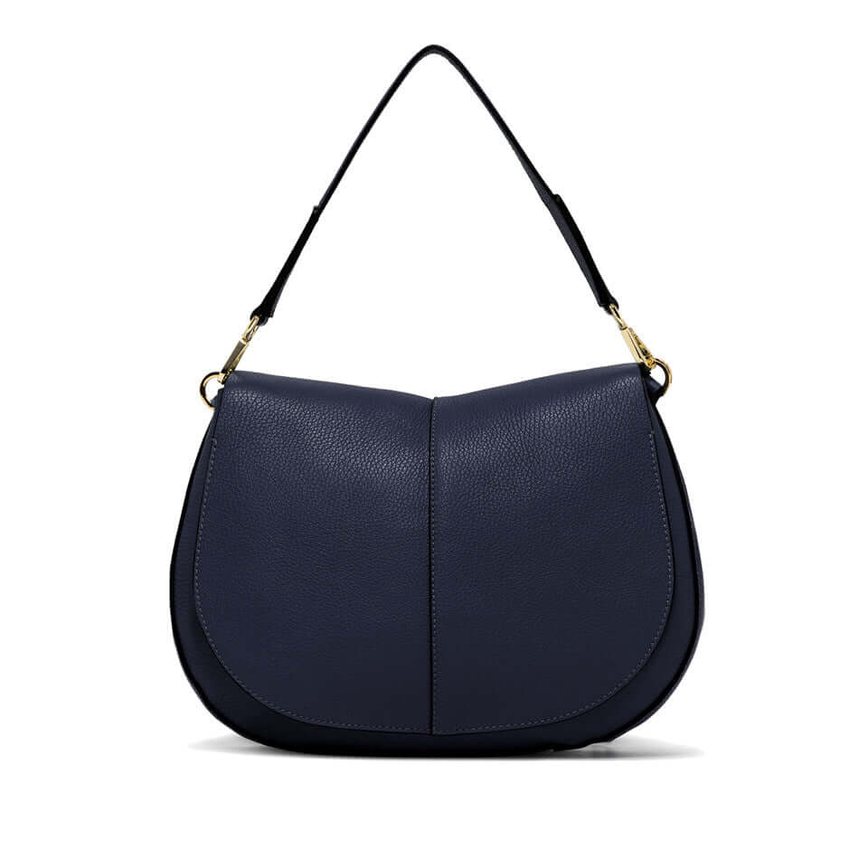 Helena Round handbag by Gianni Chiarini Firenze in navy leather, featuring a modern chic design and adjustable strap.