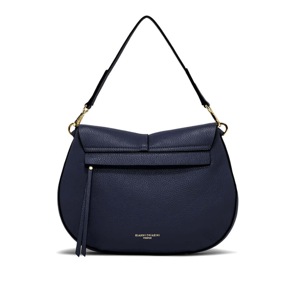Helena Round bag by Gianni Chiarini Firenze in navy blue leather with structured design and adjustable strap.