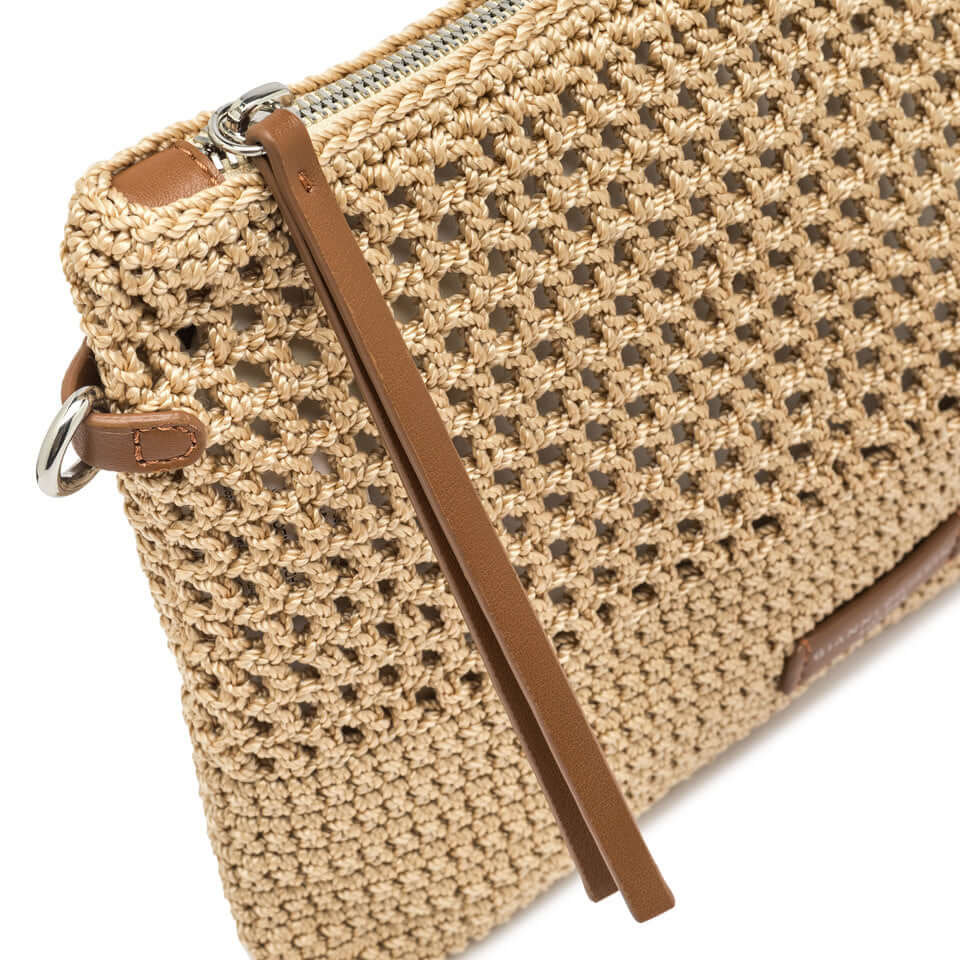 Victoria pochette by Gianni Chiarini, crafted in crochet fabric with leather details, perfect for summer elegance.