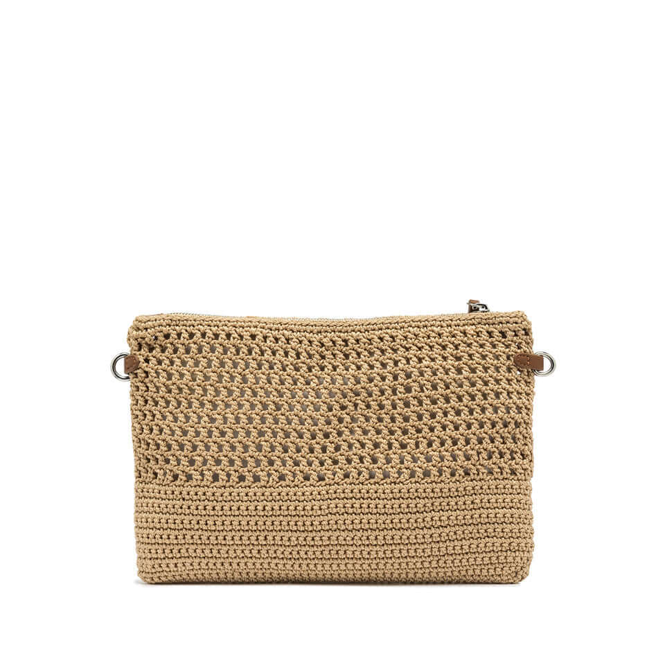 Victoria pochette by Gianni Chiarini Firenze, crochet fabric with leather details, elegant summer crossbody bag.