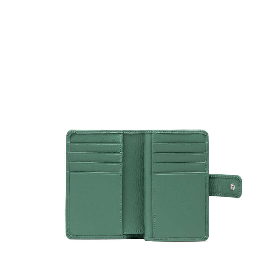 Green grain leather wallet by Gianni Chiarini Firenze, featuring multiple card slots and a secure snap closure.