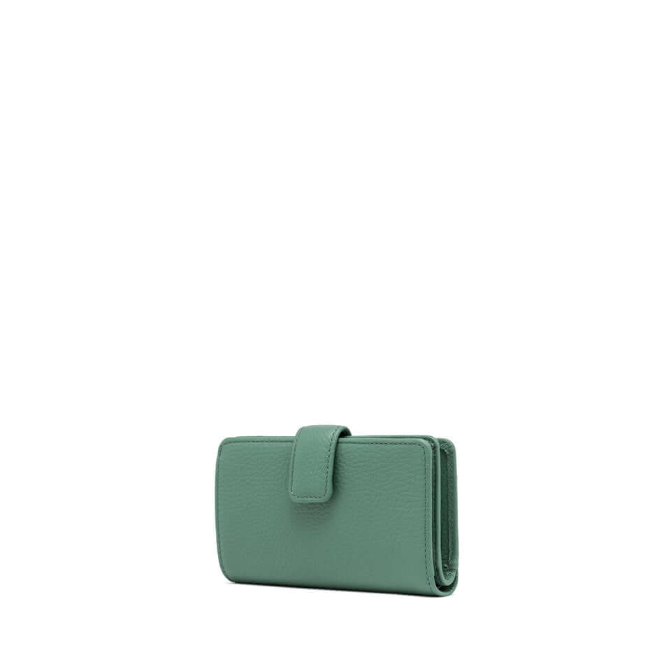 Gianni Chiarini Firenze grain leather wallet, soft green finish, with button closure and multi-use pockets.