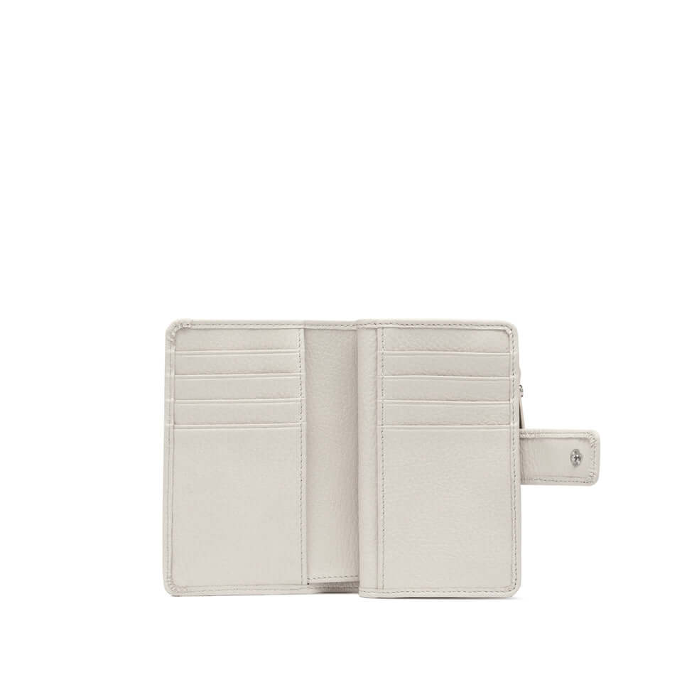 Open Gianni Chiarini Firenze wallet in soft hammered leather, featuring card slots and multi-use pockets.
