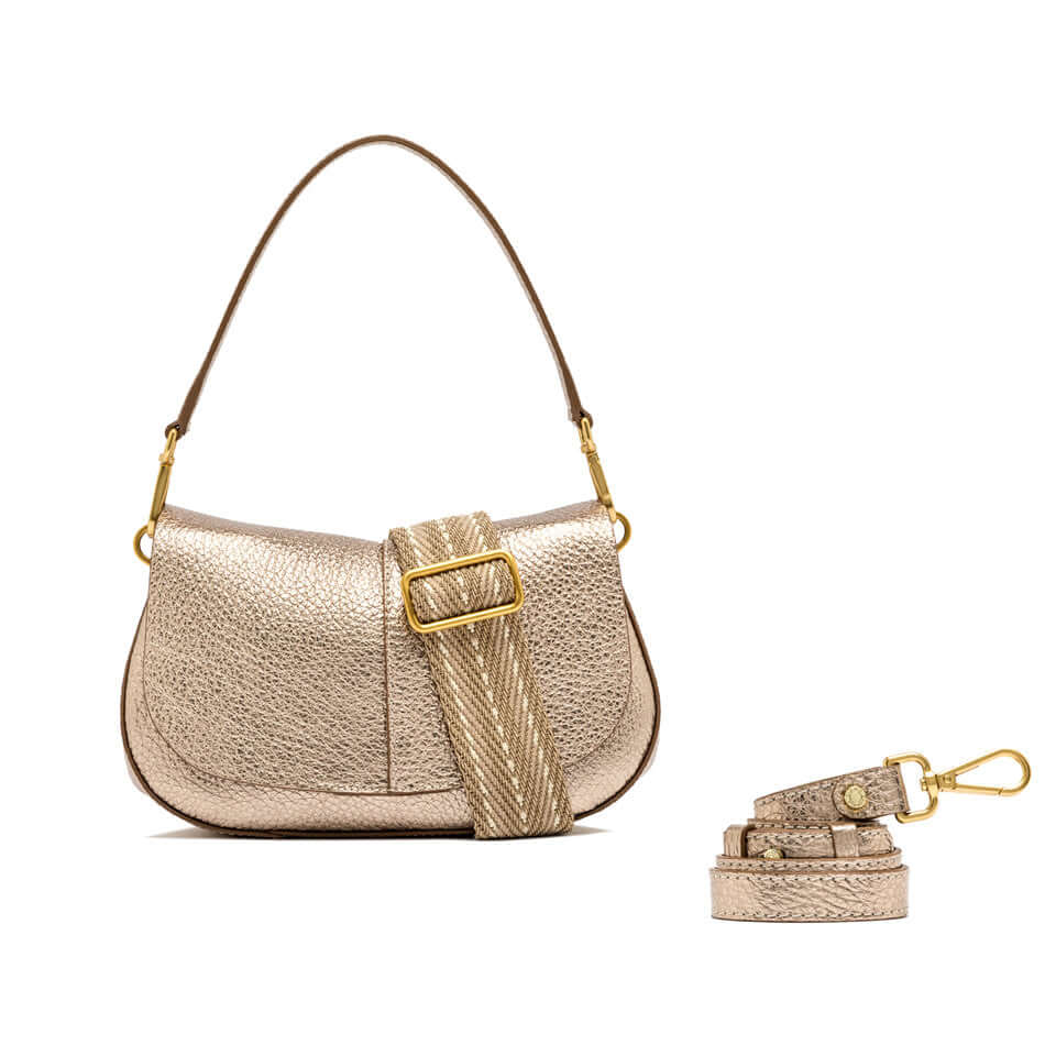 Helena Round by Gianni Chiarini in gold bubble leather with adjustable strap, showcasing chic contemporary design.