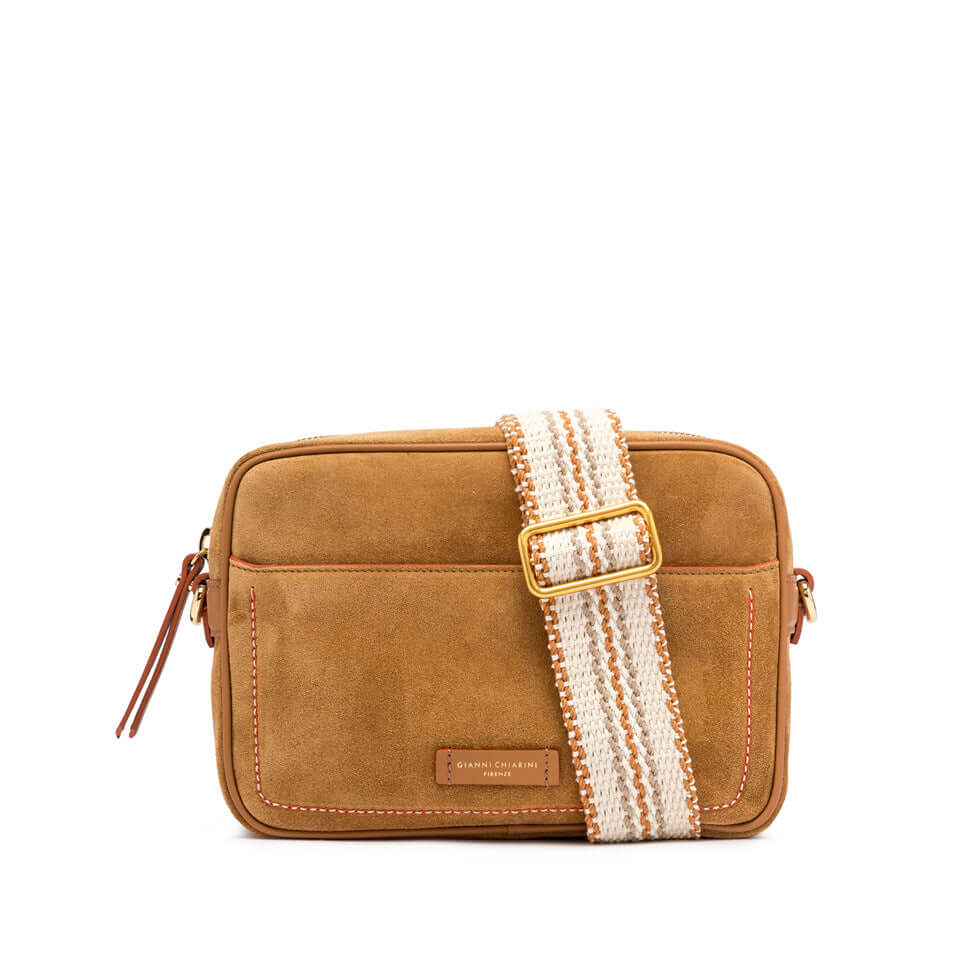 Nina by Gianni Chiarini Firenze, square-shaped brown leather handbag with woven strap, ideal for casual use.