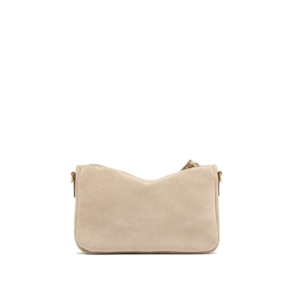 NORA POUCH by Gianni Chiarini, soft suede bag with zipper, adjustable and removable leather strap.