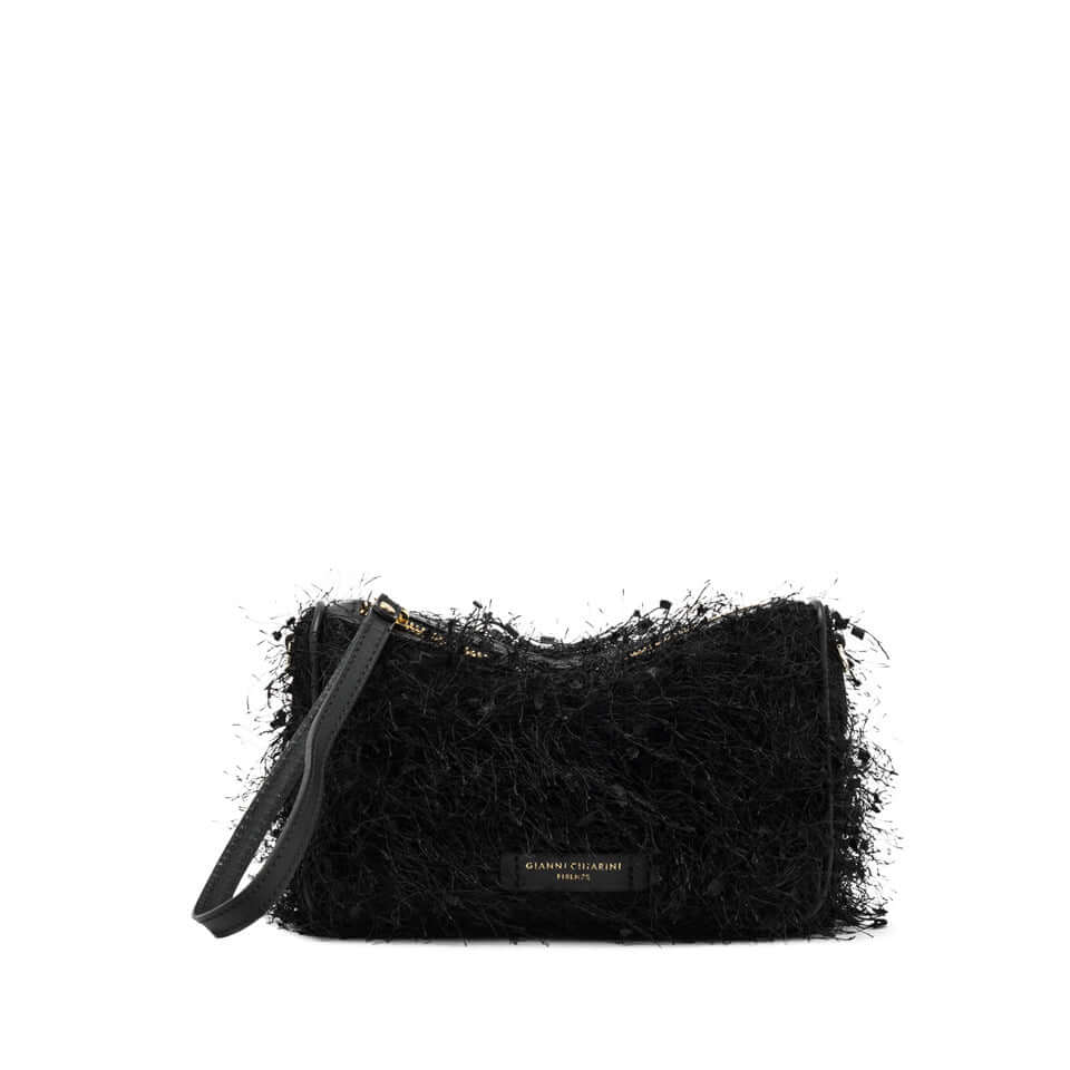 Nora Pouch by Gianni Chiarini, black fringed fabric bag with leather accents and removable strap.