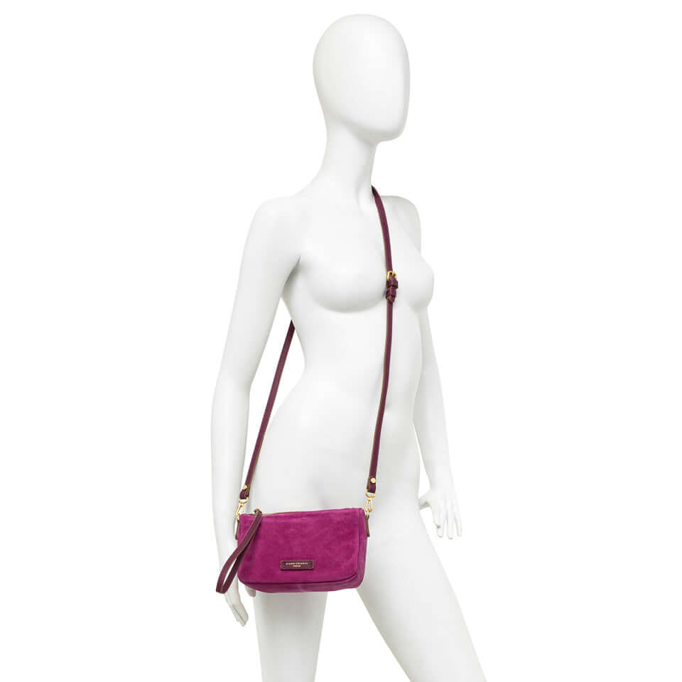 NORA POUCH by Gianni Chiarini, purple suede bag with adjustable strap and zip closure, perfect for stylish occasions.