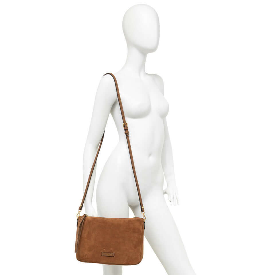NORA POUCH by Gianni Chiarini, suede bag with removable shoulder strap and zip closure, dimensions 28x21x9 cm.