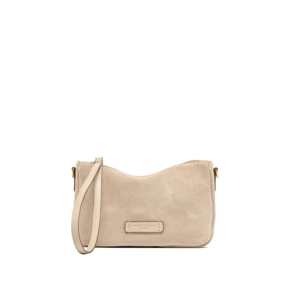 NORA POUCH by Gianni Chiarini, soft suede bag with removable wrist strap and adjustable crossbody strap.