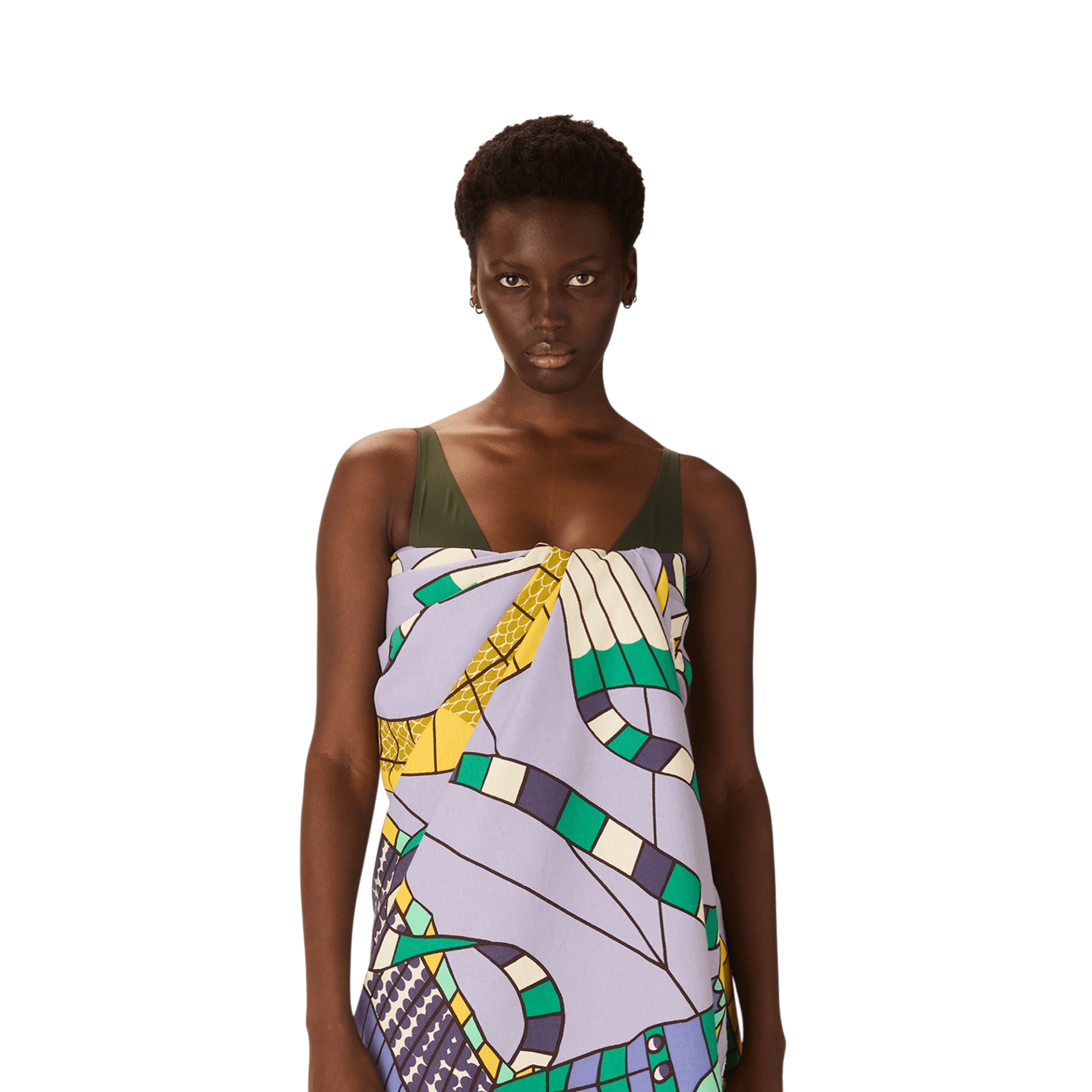 Asciugamano da spiaggia in cotone colorato, indossato come pareo durante l'estate.