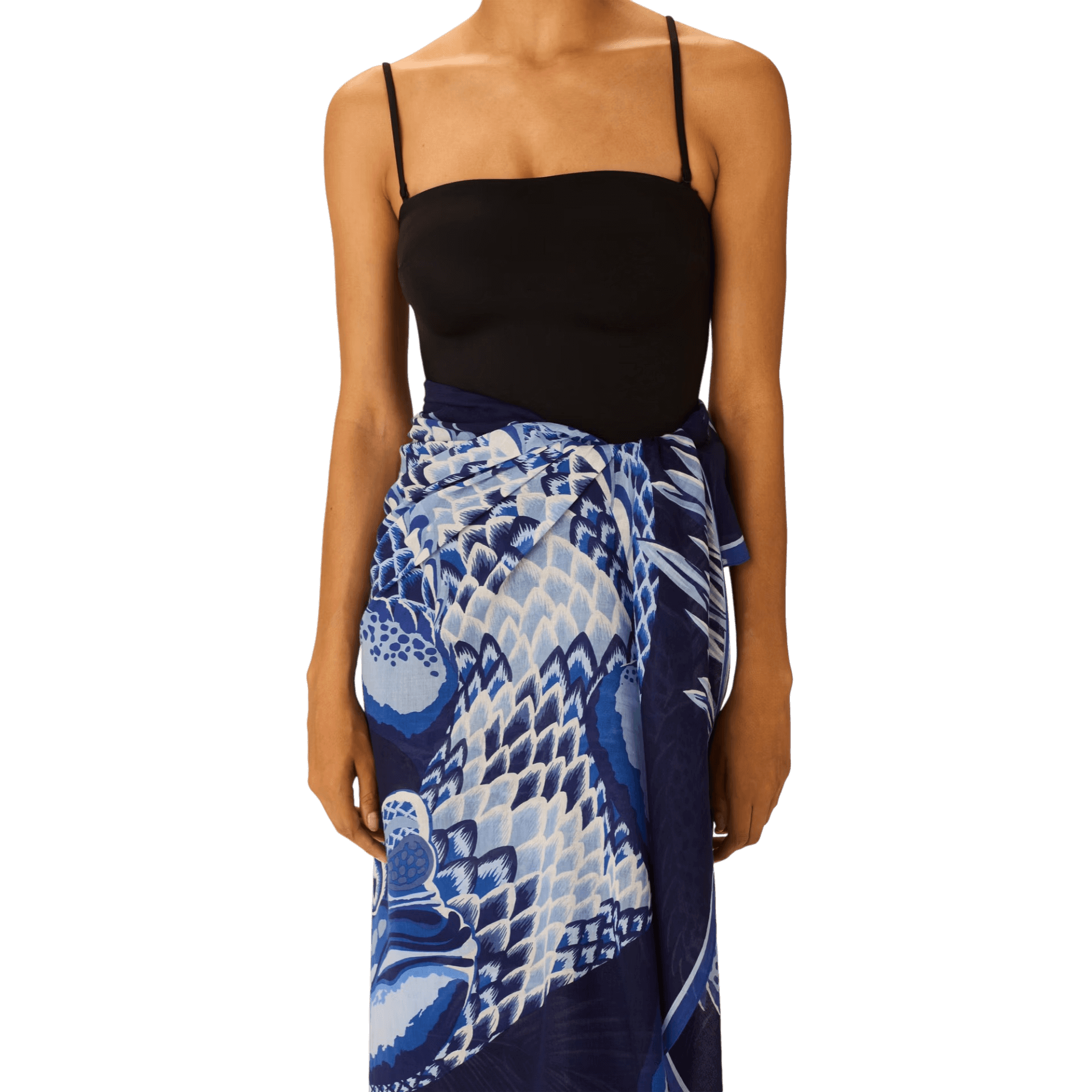 Asciugamano da spiaggia in cotone Inoui Editions indossato come pareo in cotone serigrafato blu e bianco.