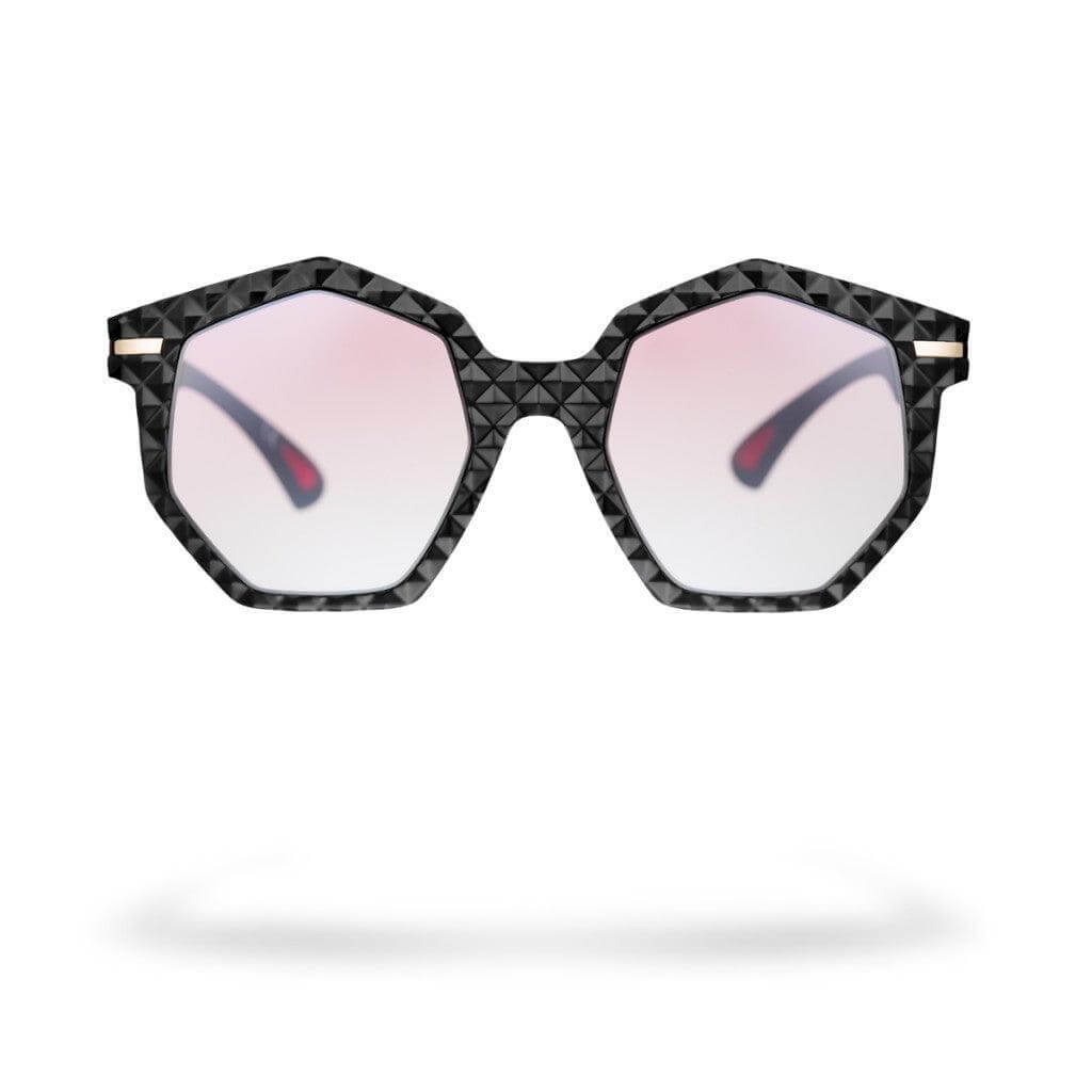 Occhiali da sole donna MARTA C1, design squadrato con lenti rosa sfumate e texture geometrica, collezione Flexo.