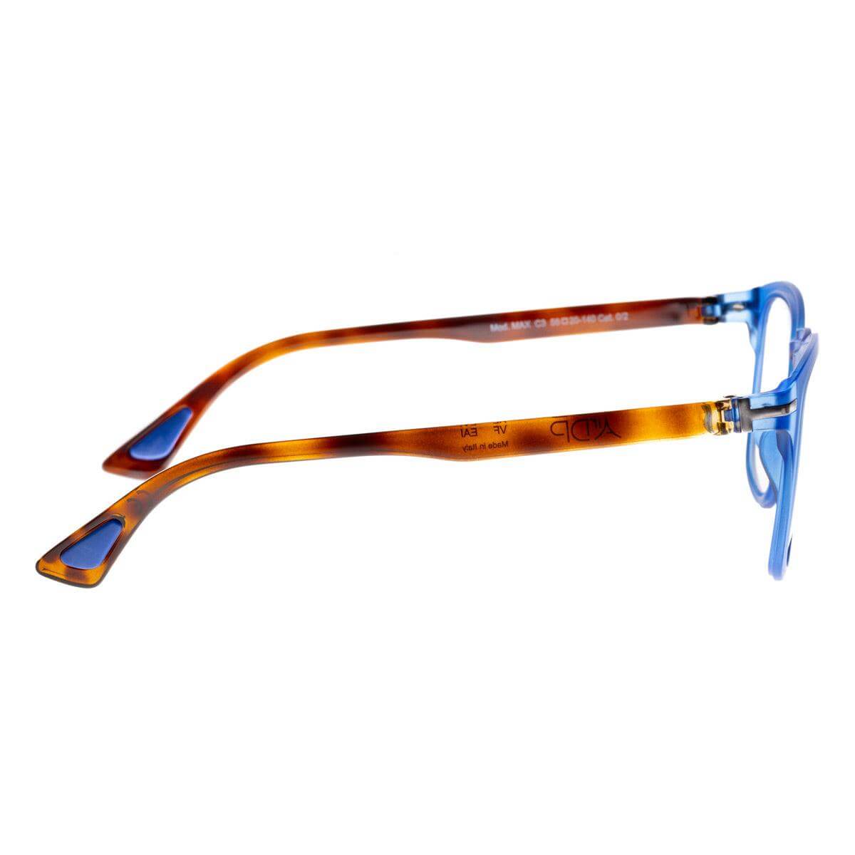 MAX C3 occhiali da sole da uomo con aste color avana e terminali blu, design elegante e moderno.