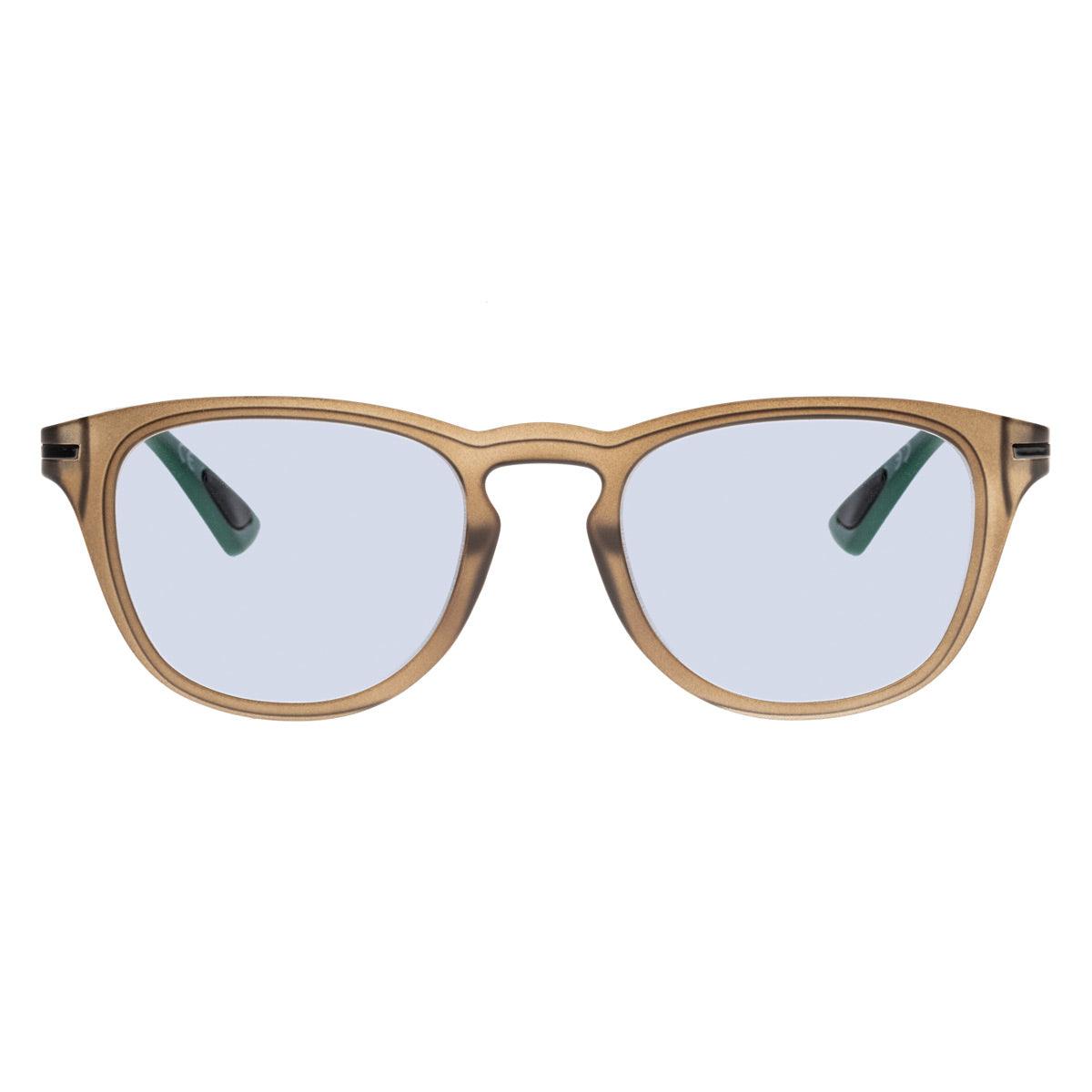 MAX C5 occhiali da sole da uomo con frontale marrone e aste verdi lucide, stile elegante e leggero.