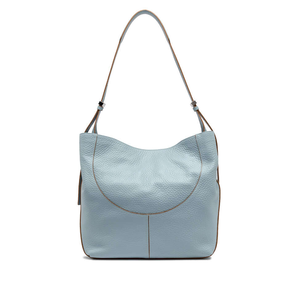 Light blue leather handbag with a smooth texture and a shoulder strap, featuring a stylish and practical design.